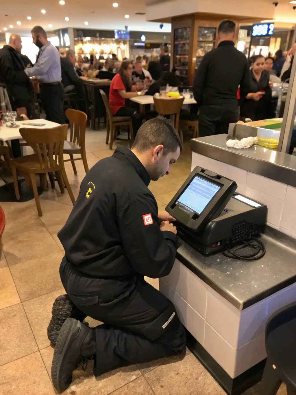 A technician providing on-site support for a POS system in a busy restaurant, demonstrating TCE Tech's POS system support.