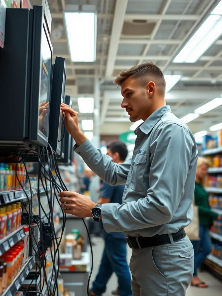A technician installing a POS system in a retail store, showcasing TCE Tech's expertise in POS system deployment and support.