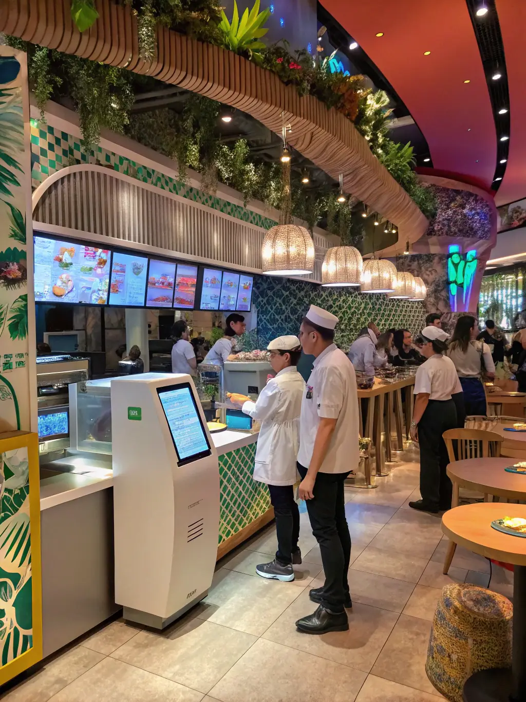 A busy restaurant environment with digital ordering kiosks and tablets, illustrating TCE Tech's support for the hospitality industry.
