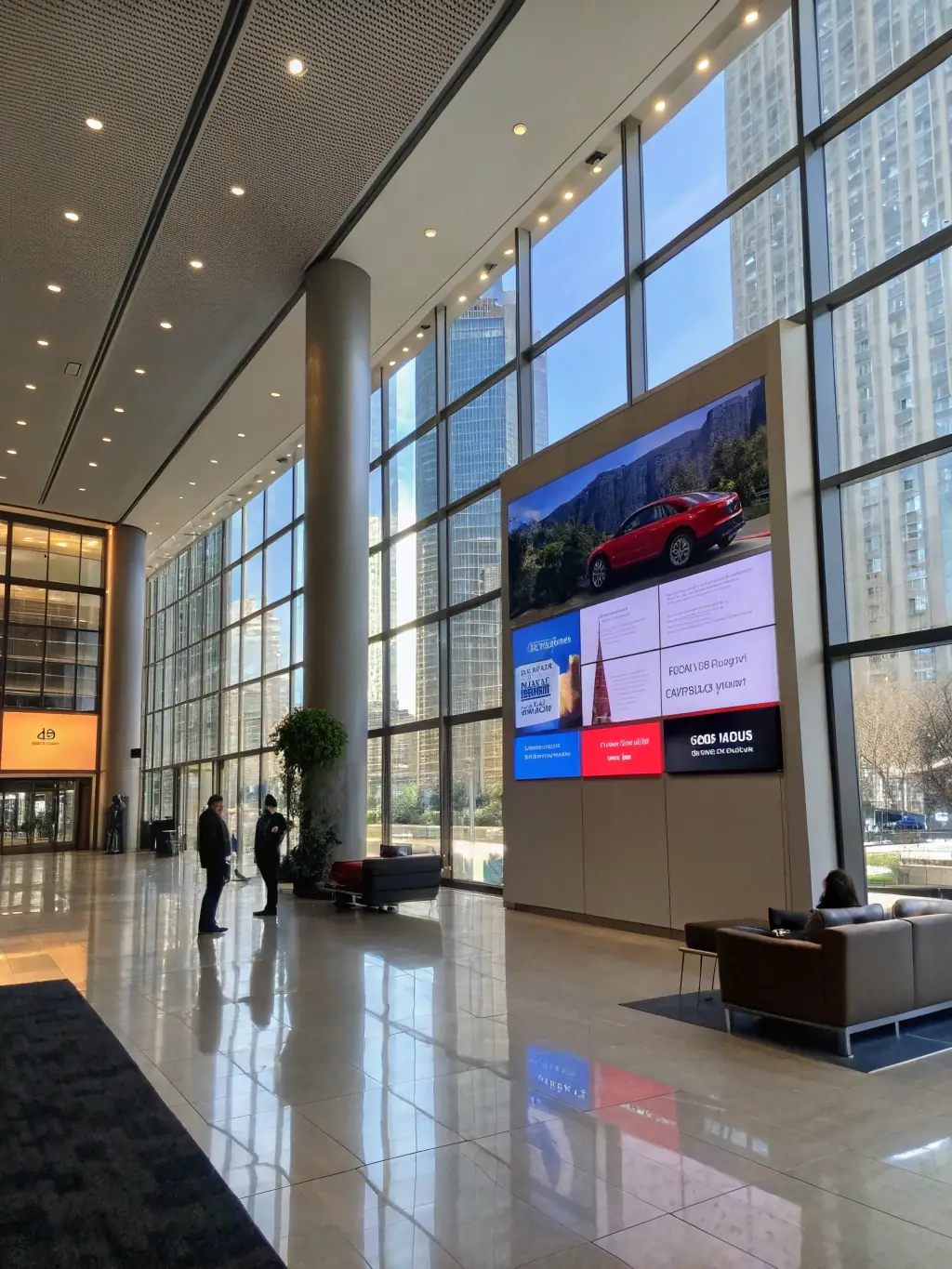 A vibrant digital signage display showcasing dynamic content and engaging visuals in a corporate lobby, attracting attention and conveying important information.