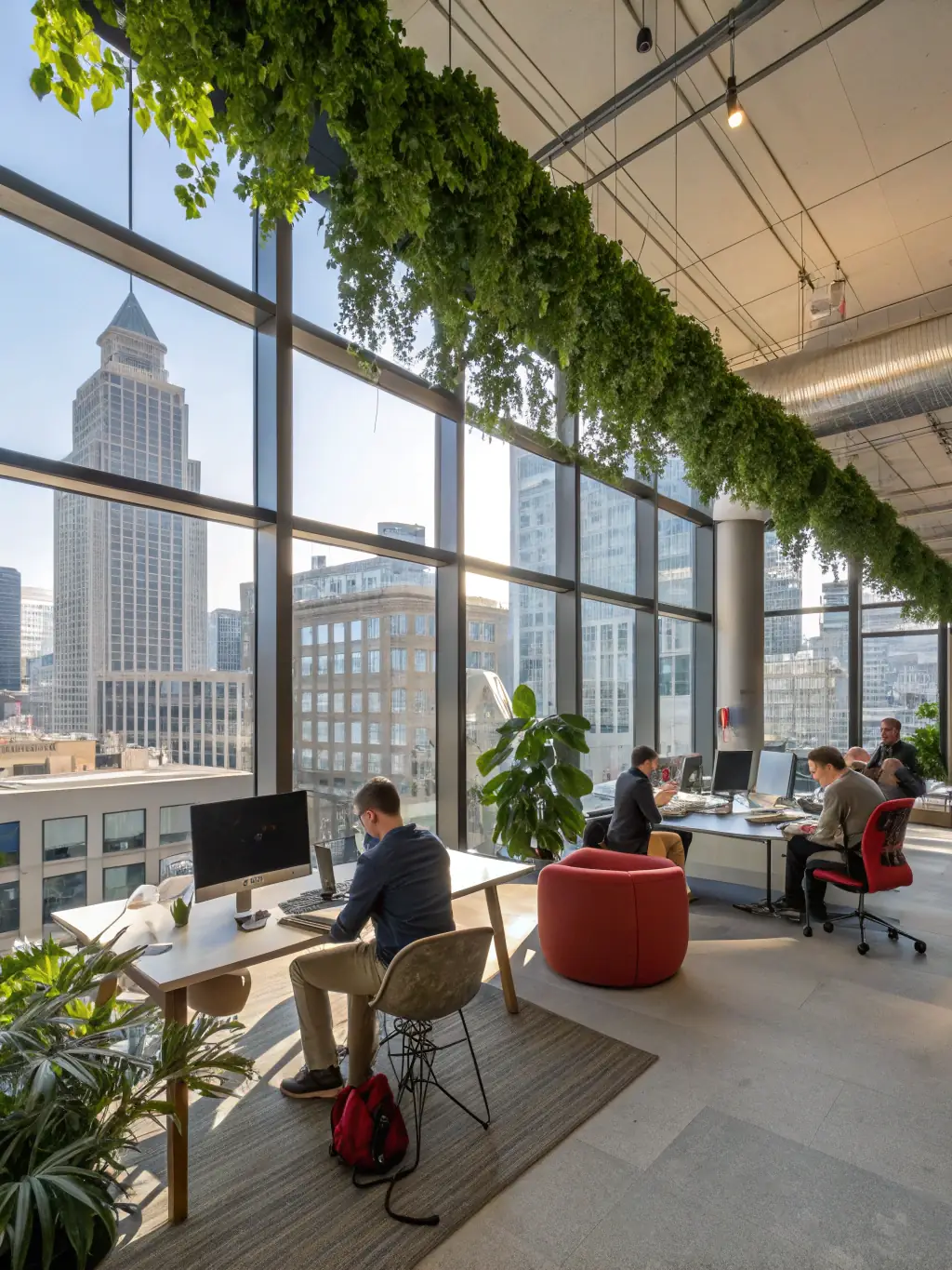 A modern commercial office space with employees using computers and digital displays, highlighting TCE Tech's commercial IT services.
