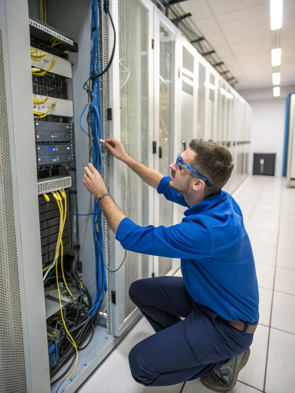 A technician expertly cabling and configuring network hardware in a data center, ensuring optimal performance and connectivity.