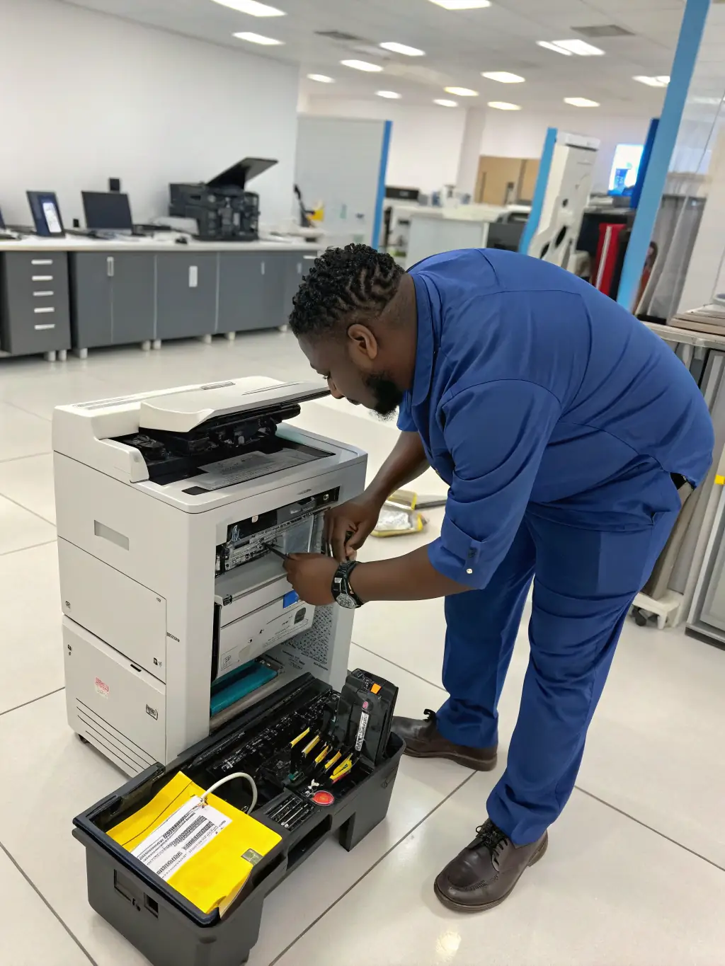 A technician repairing a printer at a retail checkout counter, highlighting TCE Tech's printer maintenance expertise.