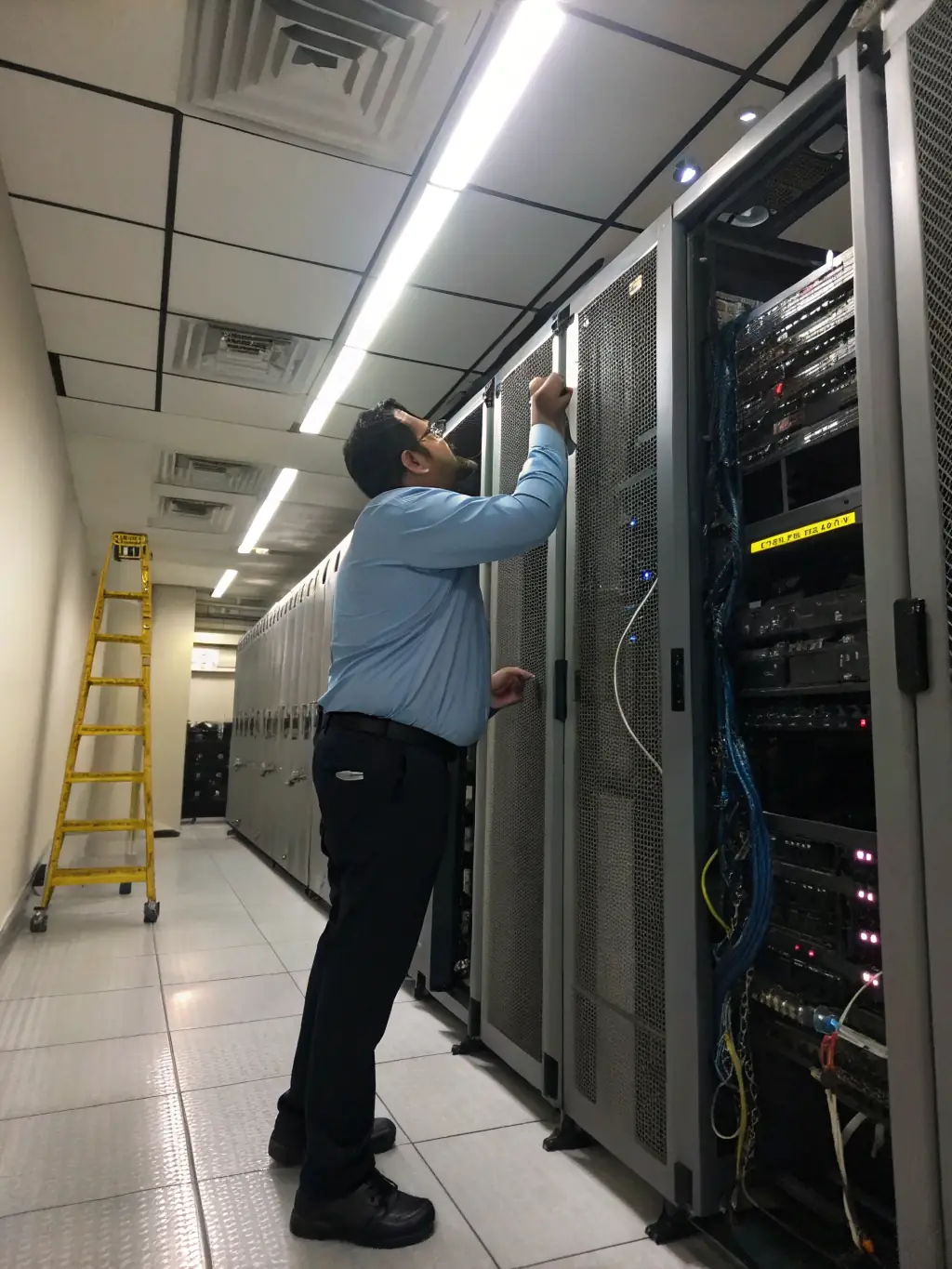 A technician working on network cabling in a server room, emphasizing TCE Tech's network infrastructure services.