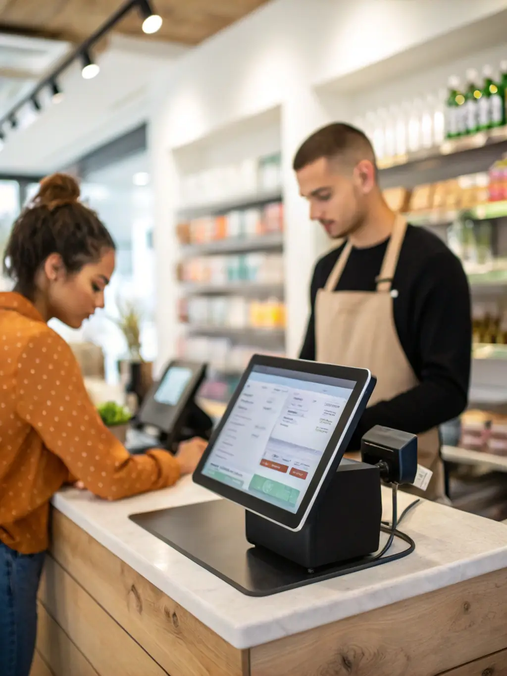 A modern point-of-sale (POS) system with a sleek touchscreen interface in a busy retail environment, showcasing its ease of use and efficiency.