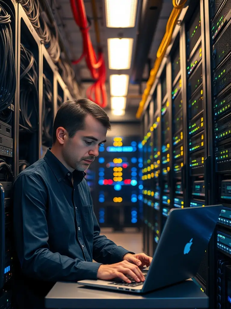 A technician working on network cabling in a server room, emphasizing TCE Tech's network infrastructure services.