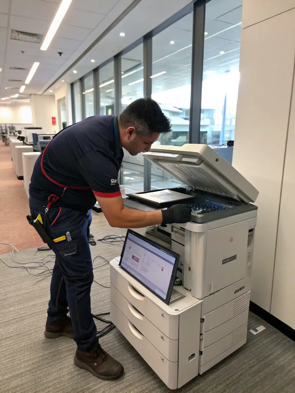 A technician performing maintenance on a printer in an office environment, highlighting TCE Tech's printer maintenance services.