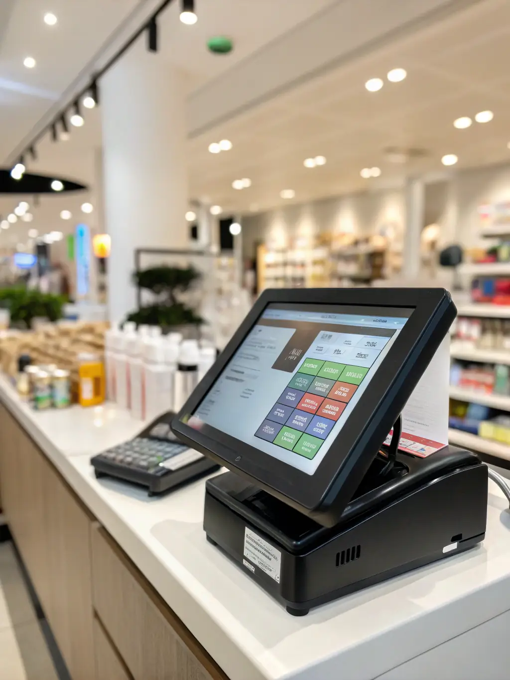 A modern point-of-sale (POS) system with a sleek touchscreen interface, processing a transaction in a busy retail environment. The image should convey efficiency and ease of use.