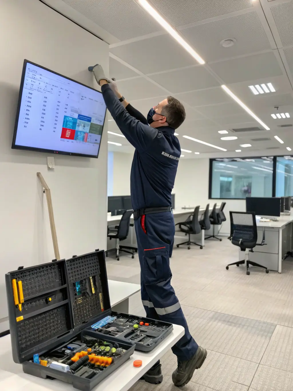 A digital signage display being installed in a corporate lobby, demonstrating TCE Tech's digital signage installation capabilities.