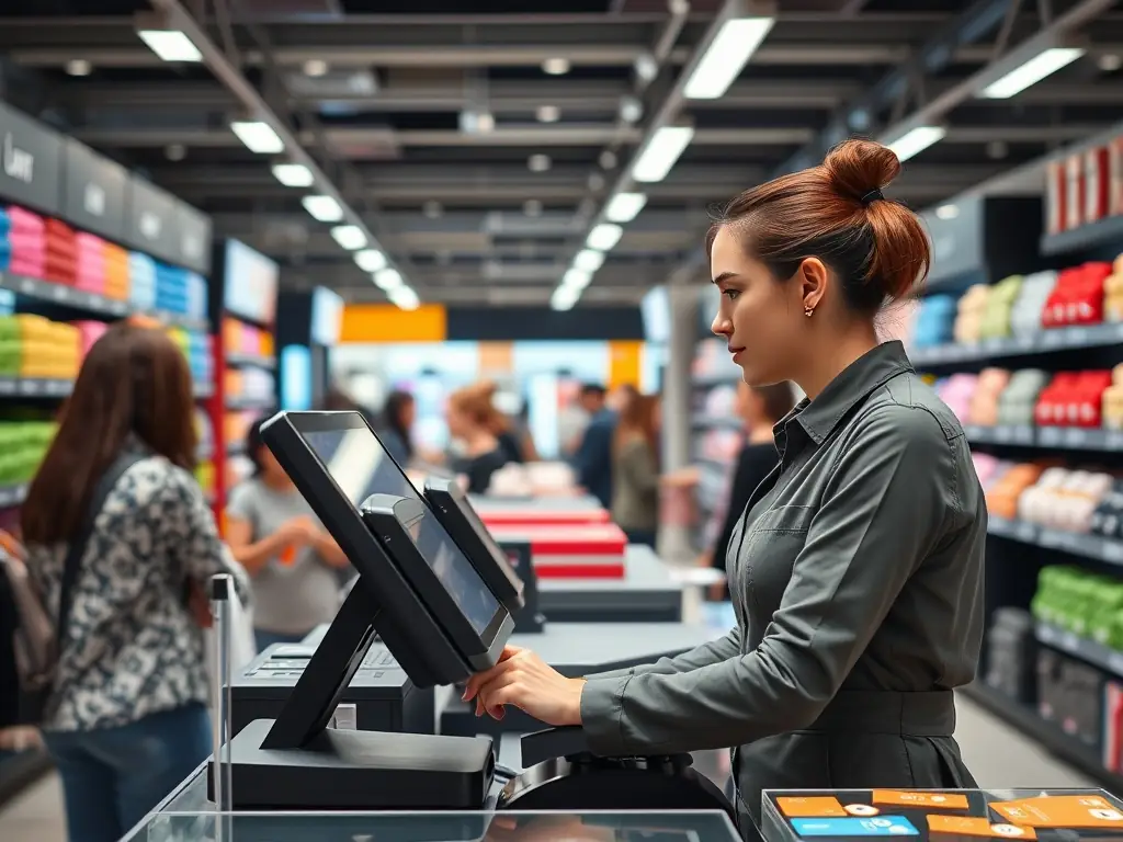 A bustling retail store with customers using POS systems, highlighting TCE Tech's support for retail technology.