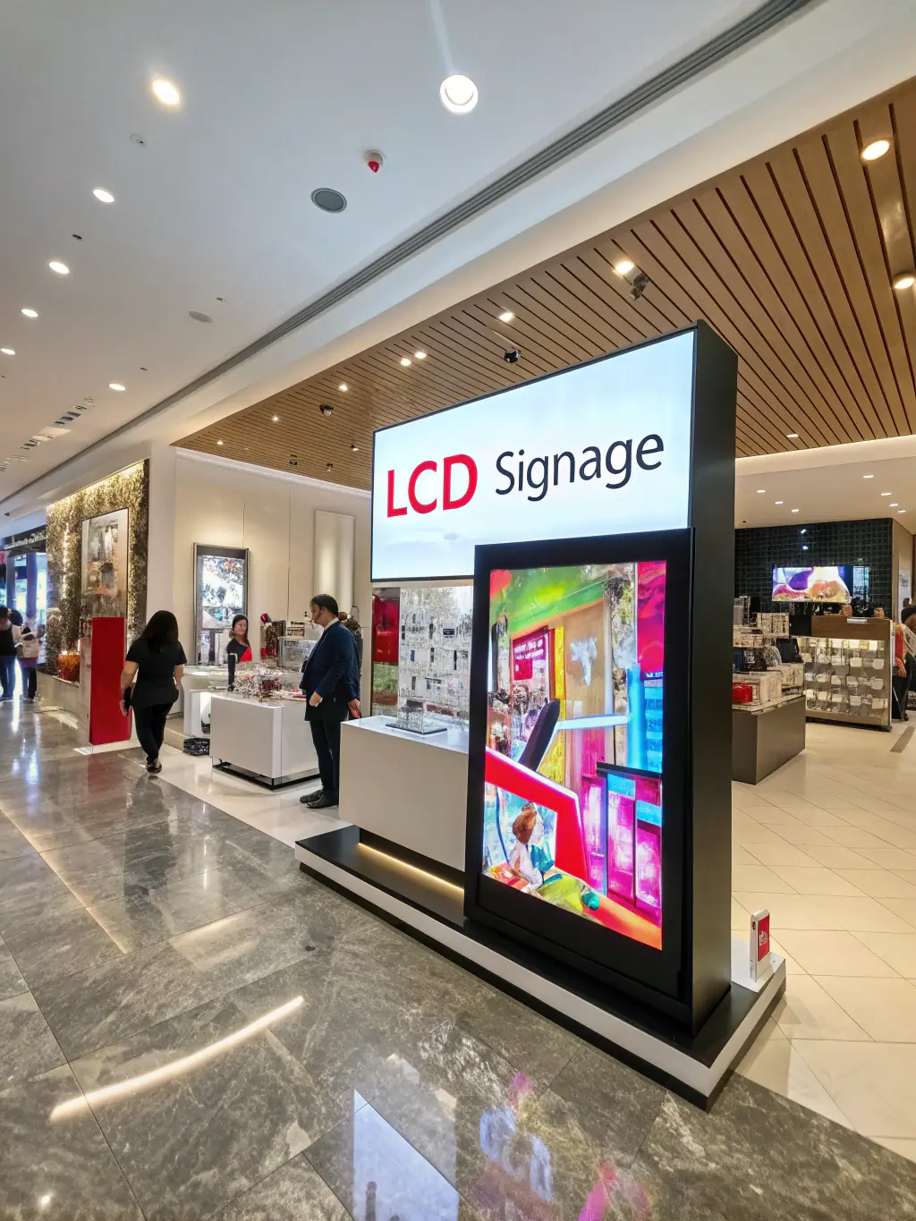 A vibrant digital signage display showcasing dynamic content in a retail store, attracting customer attention. The display shows promotional offers and product information.